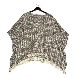 Re-Order Sage Green Geometric Print Tassel Poncho Kimono S/M Lightweight Boho‎